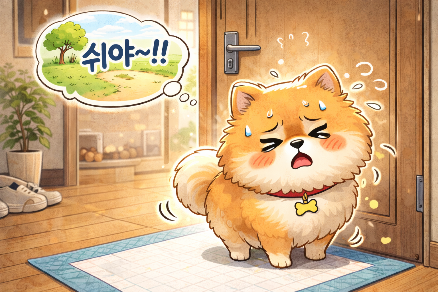 배변 패드 위에 선 강아지