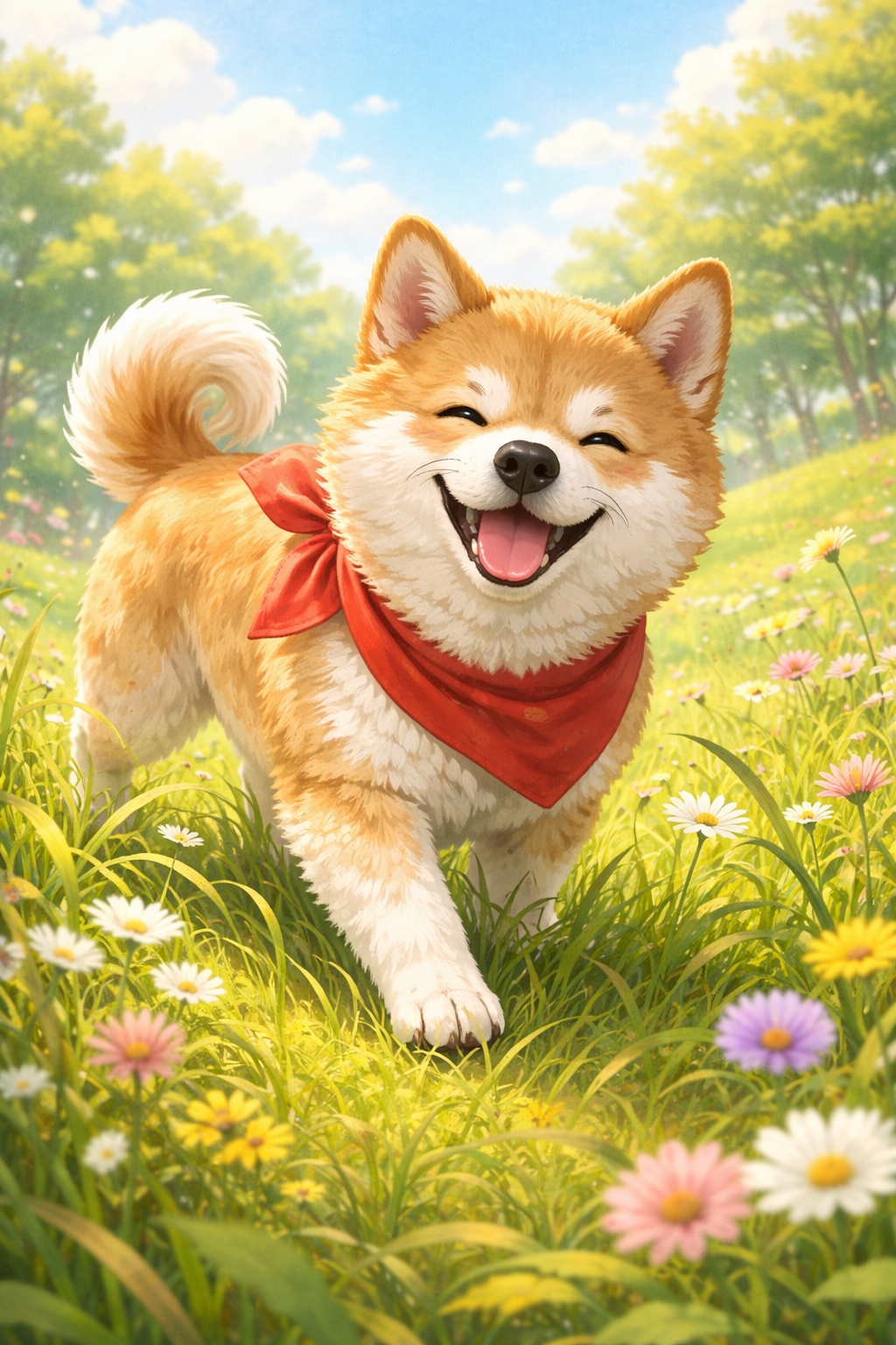 풀밭에서 달리는 황색 강아지 그림