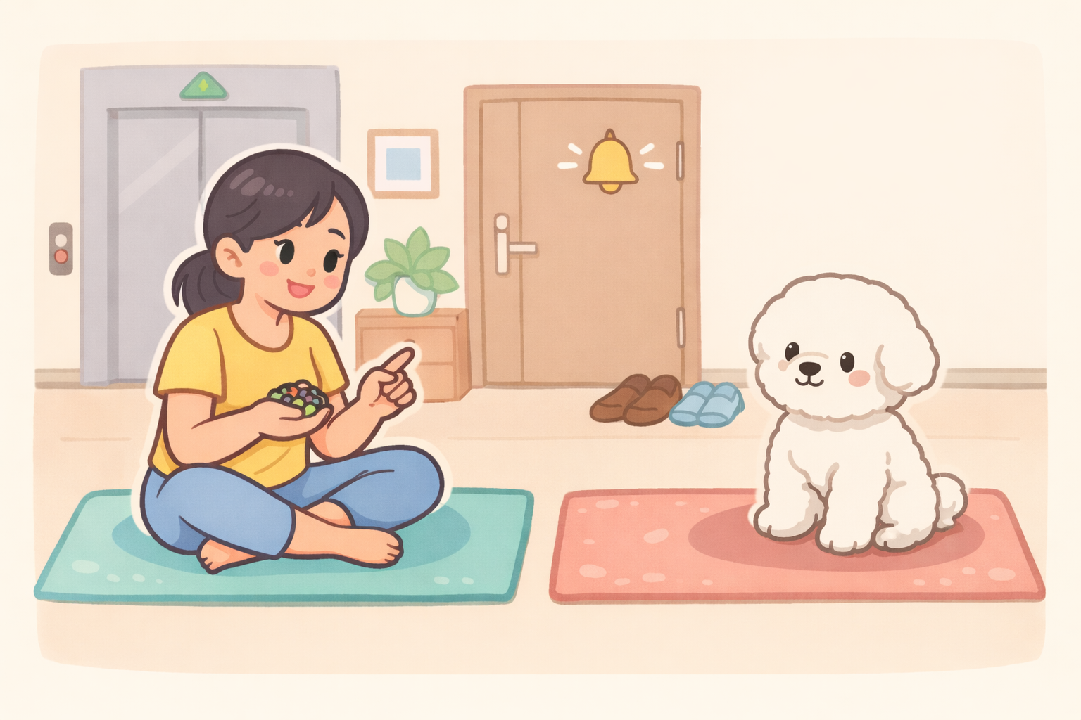 현관 소리에 반응하는 강아지와 매트 연습