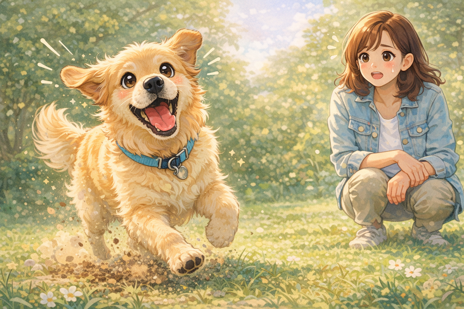풀밭에서 보호자 곁에 뒹구는 강아지 그림