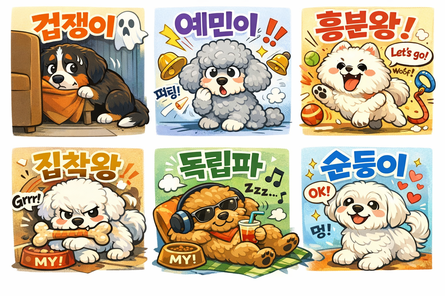 다양한 강아지 반응 유형을 보여 주는 여섯 컷 그림