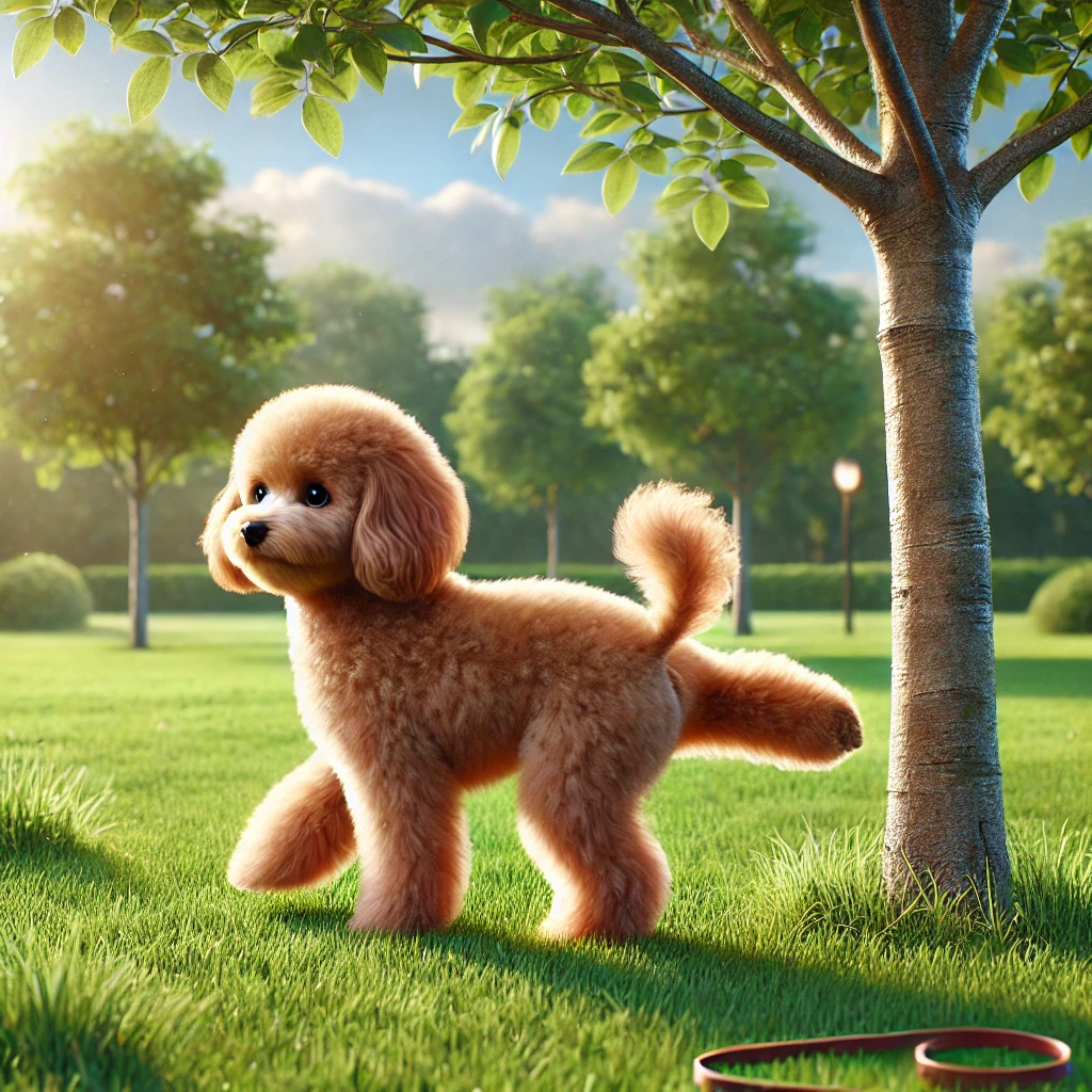 나무 아래 풀밭에 선 갈색 푸들 그림