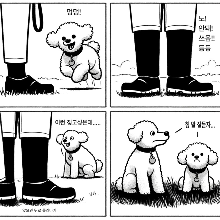 사람의 자세와 강아지 반응을 보여 주는 네 컷 그림
