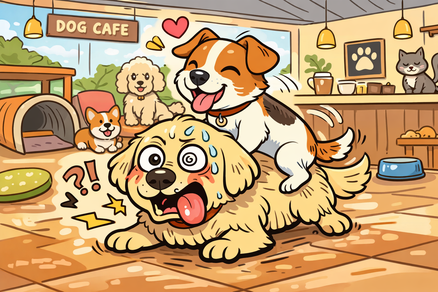 강아지 카페에서 과하게 올라타는 강아지 그림