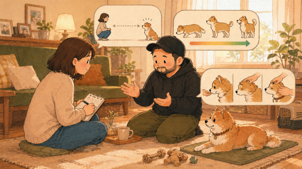 겁 많은 강아지 상담에서 보호자와 훈련사가 체크리스트를 보며 대화하는 장면