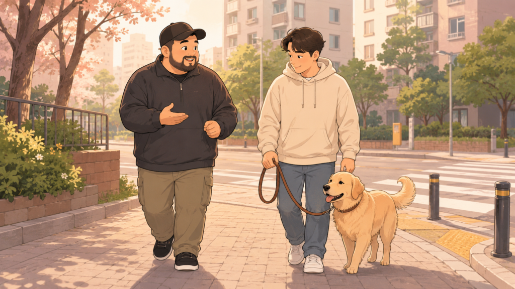 보호자와 강아지가 느슨한 리드줄로 올바르게 산책하는 모습