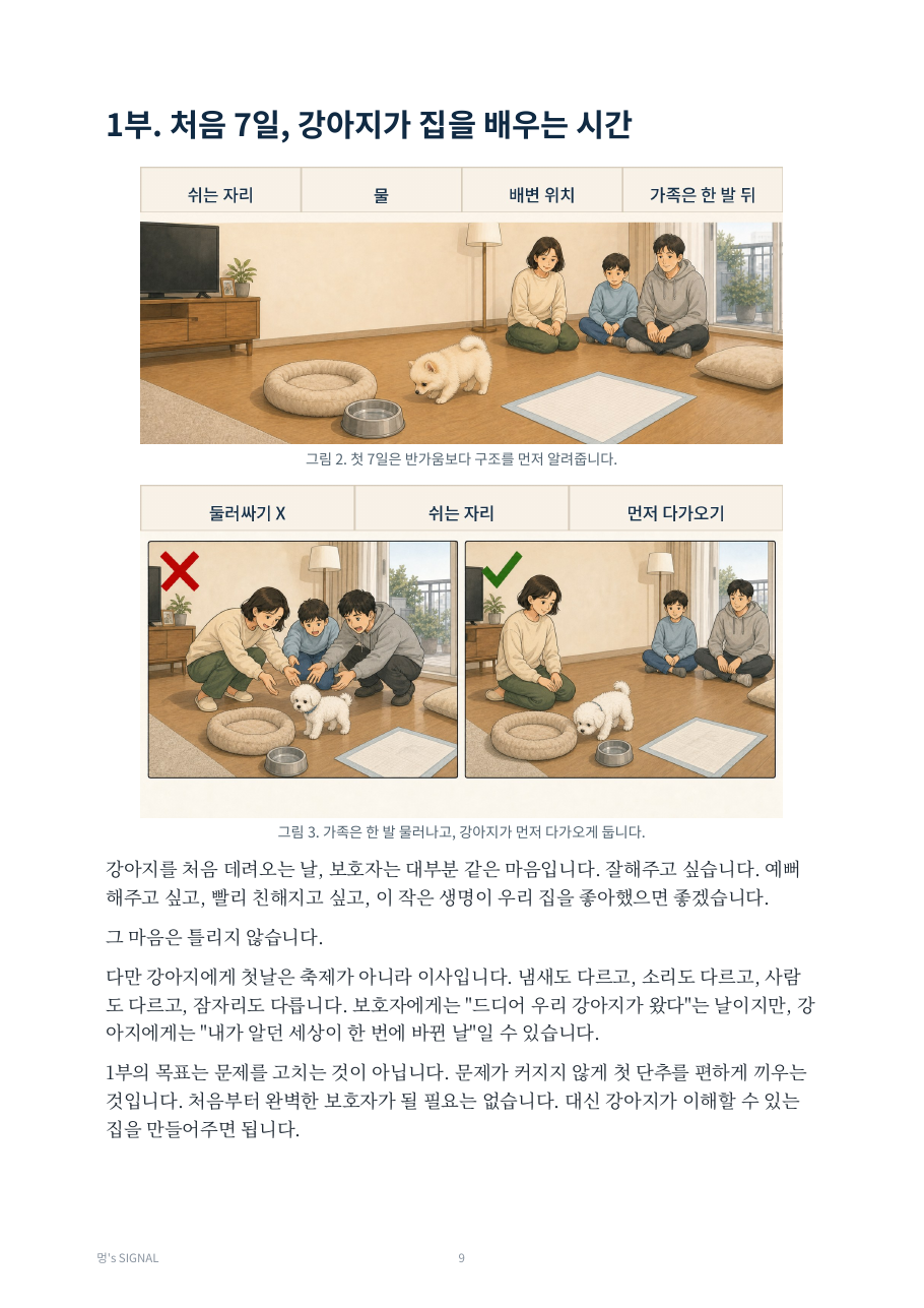 강아지 입양 첫 7일 올바른 가족 행동 삽화