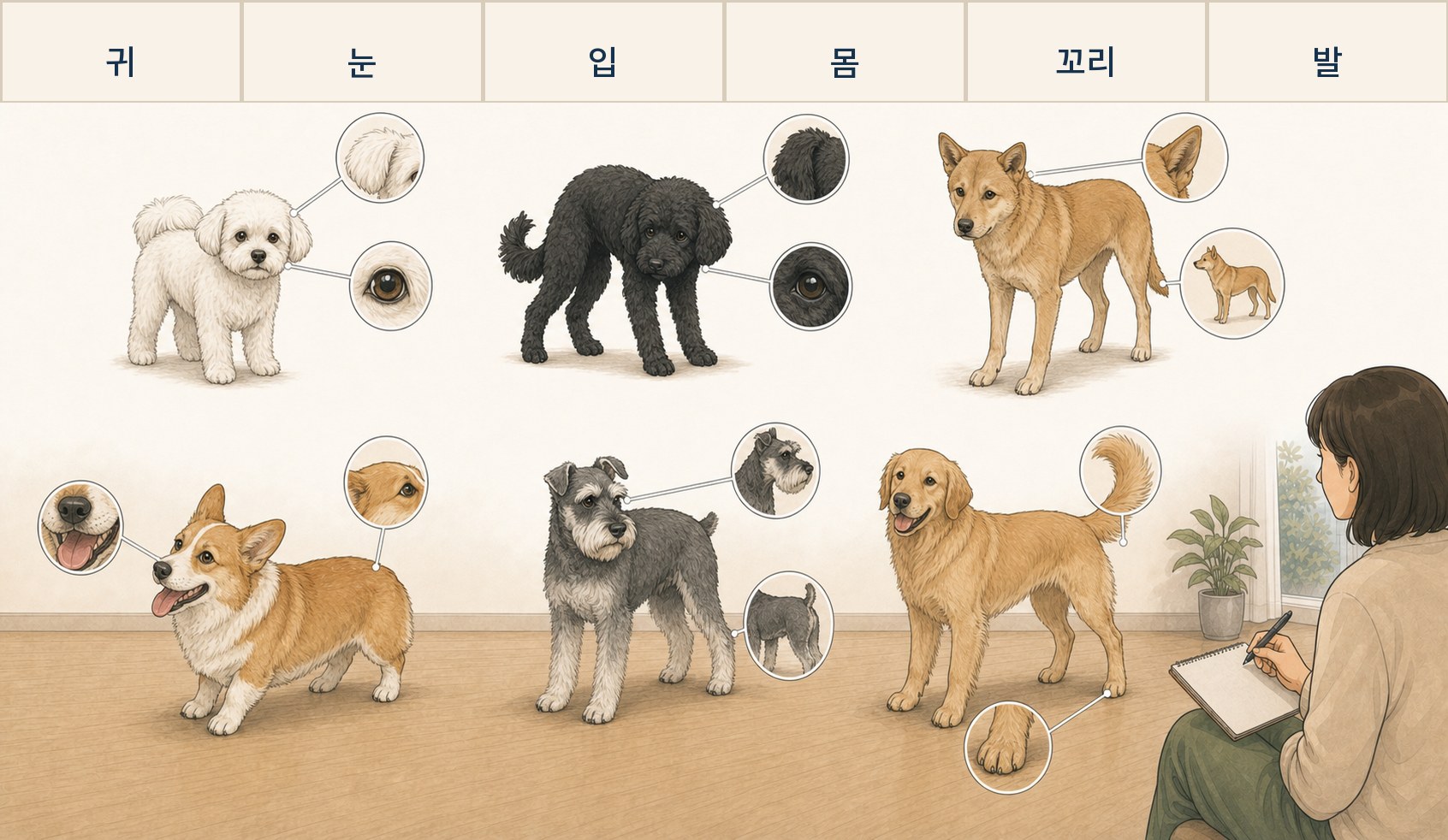 여러 강아지의 귀, 눈, 입, 몸, 꼬리, 발을 함께 살펴보는 멍스 시그널 본문 삽화