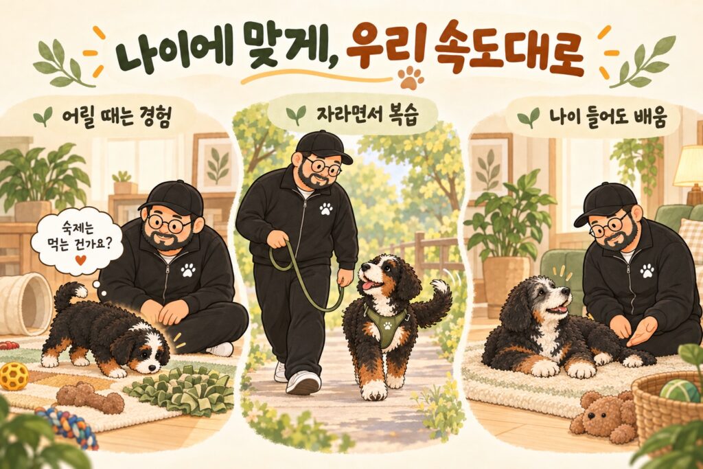 사람곰과 강아지가 어린 시절의 탐색, 성장기의 산책, 노년기의 편안한 배움을 함께하는 세 장면