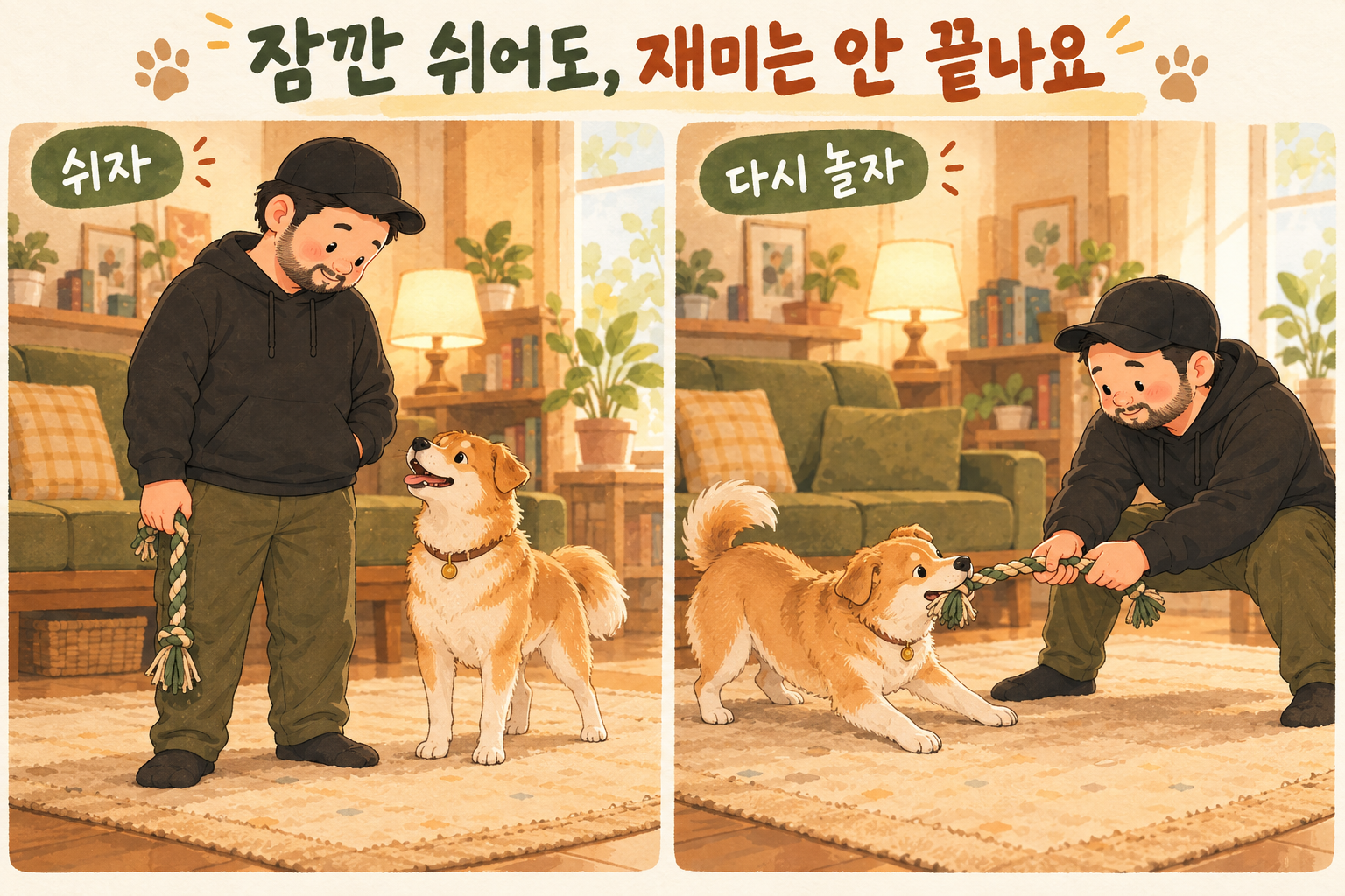 사람곰과 강아지가 쉬자 신호로 잠깐 멈춘 뒤 다시 놀자 신호에 장난감 놀이를 이어가는 두 장면