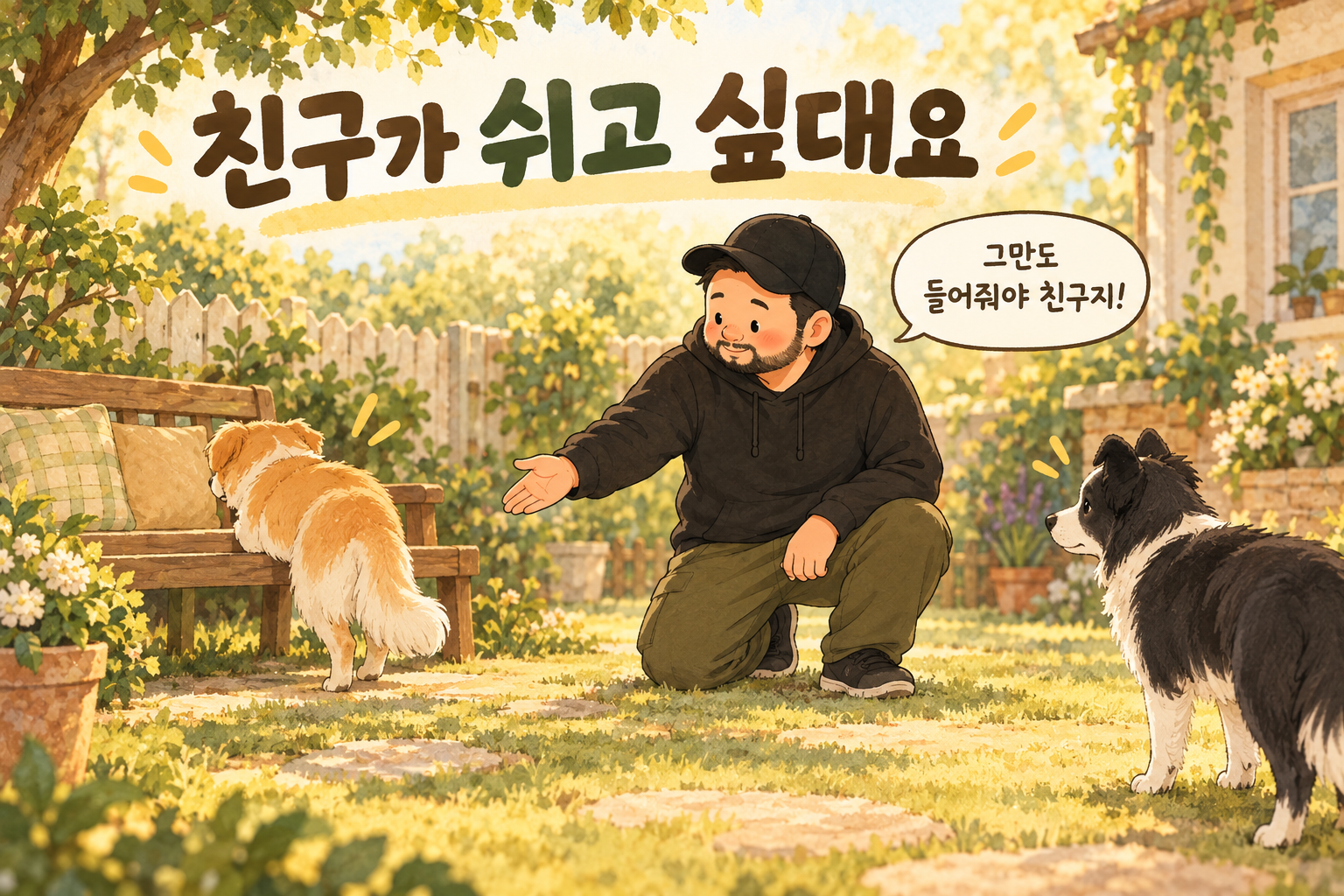 쉬고 싶어 돌아서는 강아지를 쫓지 않고 기다려주는 친구와 휴식을 안내하는 사람곰