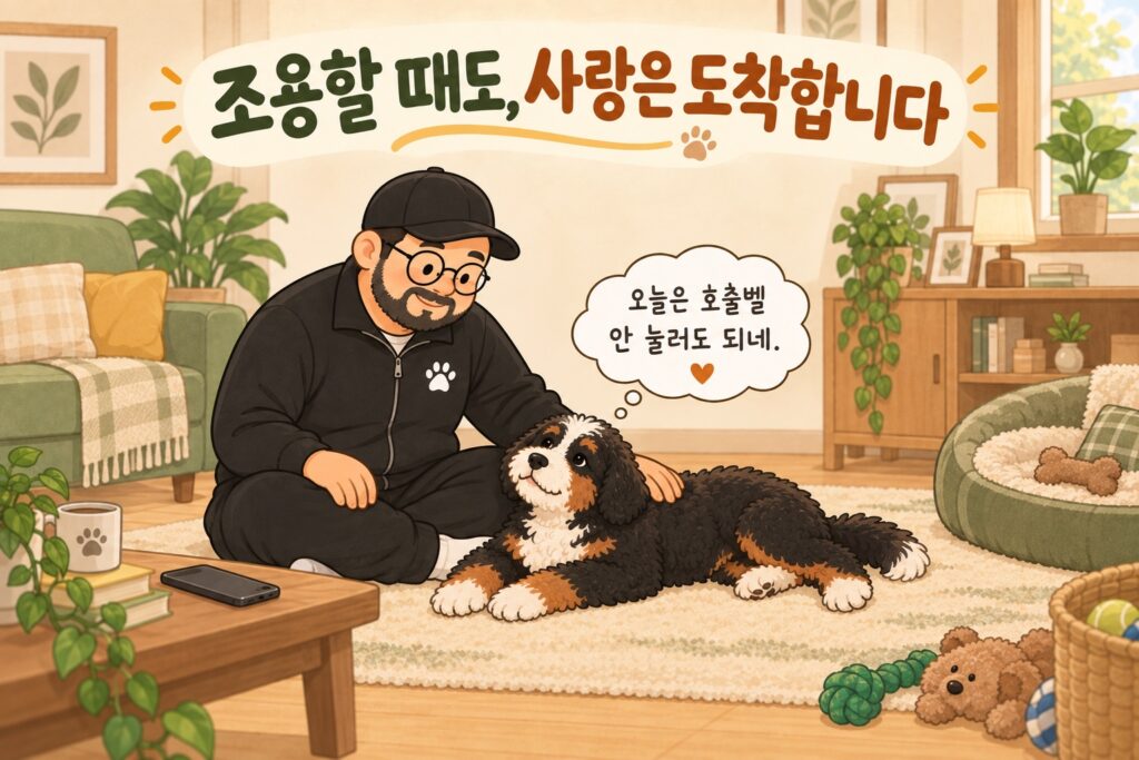 강아지가 보채기 전 편안한 순간에 먼저 부드러운 손길을 건네는 사람곰