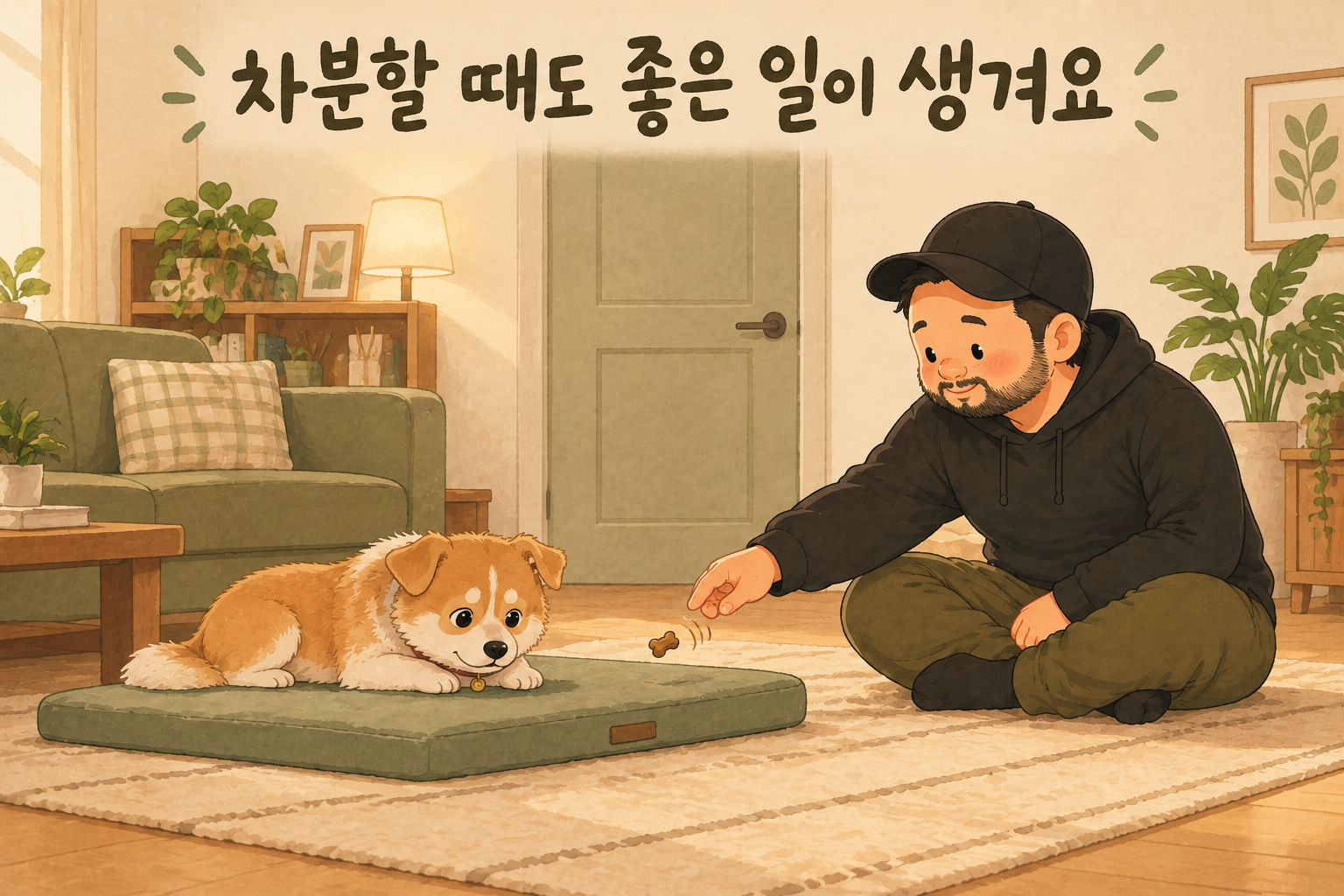 자기 매트에서 편안히 쉬는 강아지에게 작은 간식으로 보상하는 사람곰