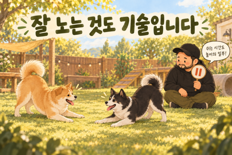 검은 모자와 후드를 입은 사람곰이 두 강아지의 놀이를 지켜보며 쉬는 시간도 놀이의 일부라고 알려주는 그림