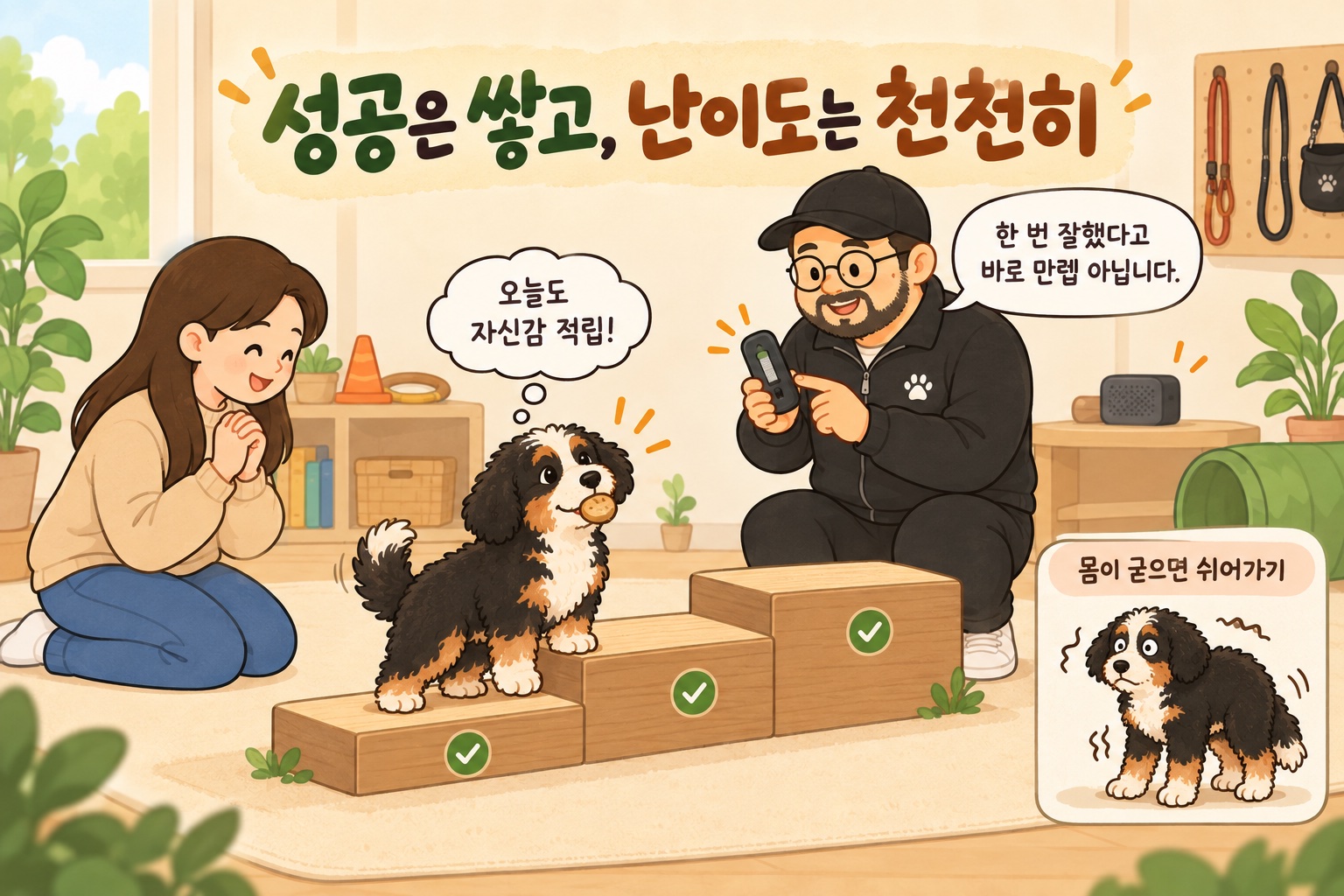 낮은 계단으로 작은 성공을 쌓는 과정을 표현한 사람곰과 강아지, 몸이 굳으면 쉬어가기 안내