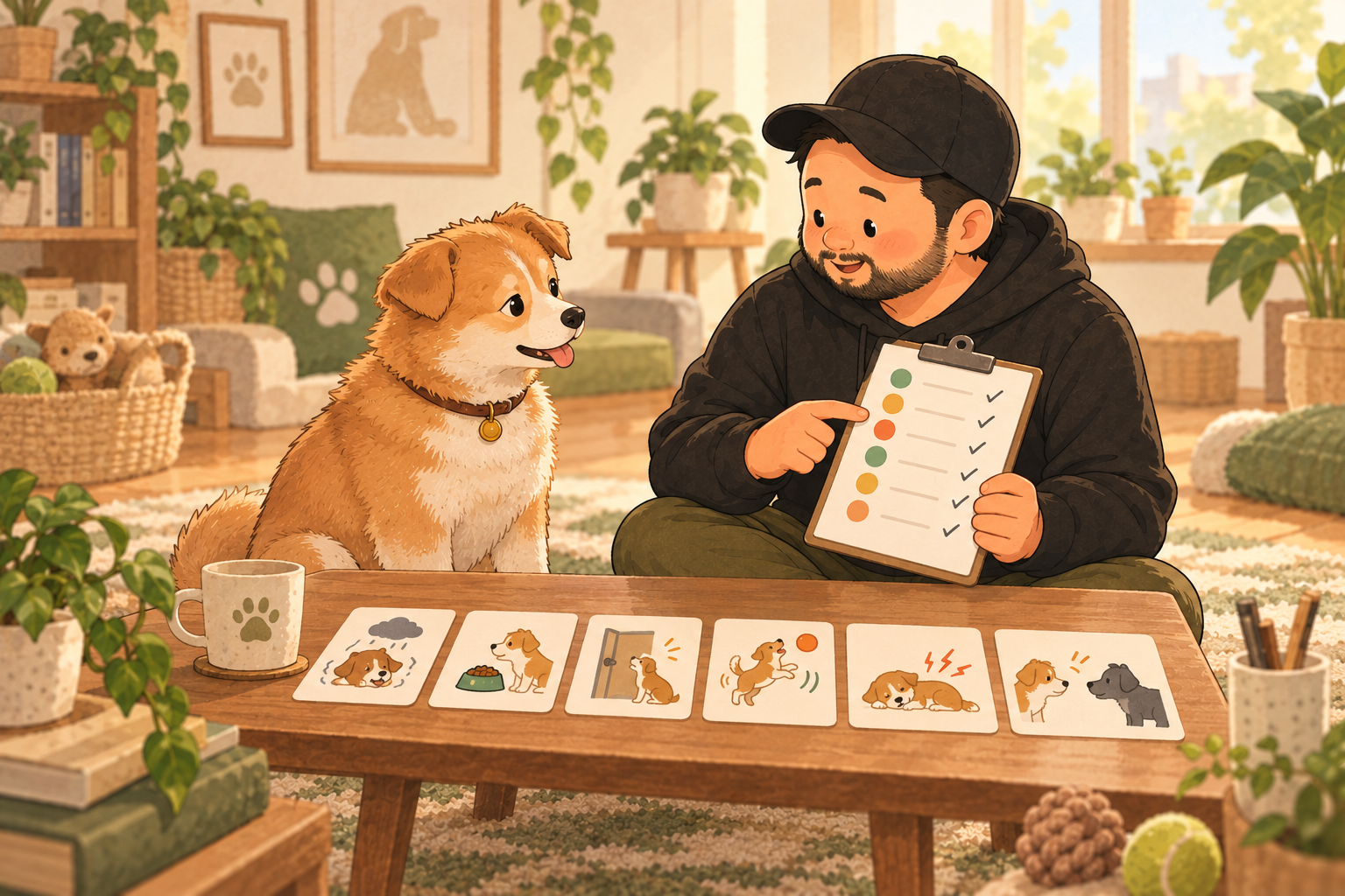 사람곰이 강아지의 공격성 유형 체크 결과를 차분하게 살펴보는 삽화