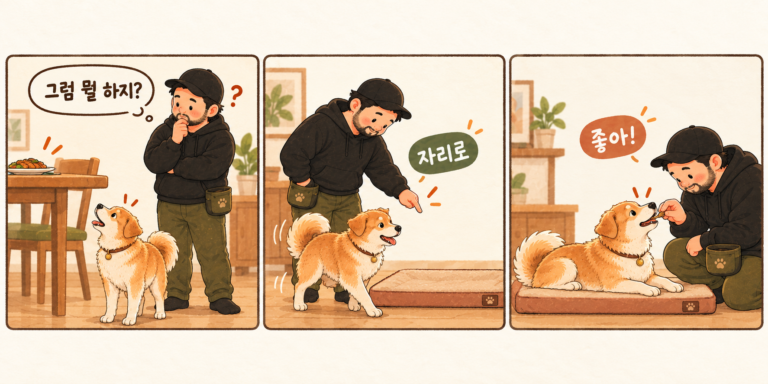 식탁에 관심을 보이던 강아지를 매트로 안내하고 보상하는 세 컷 만화